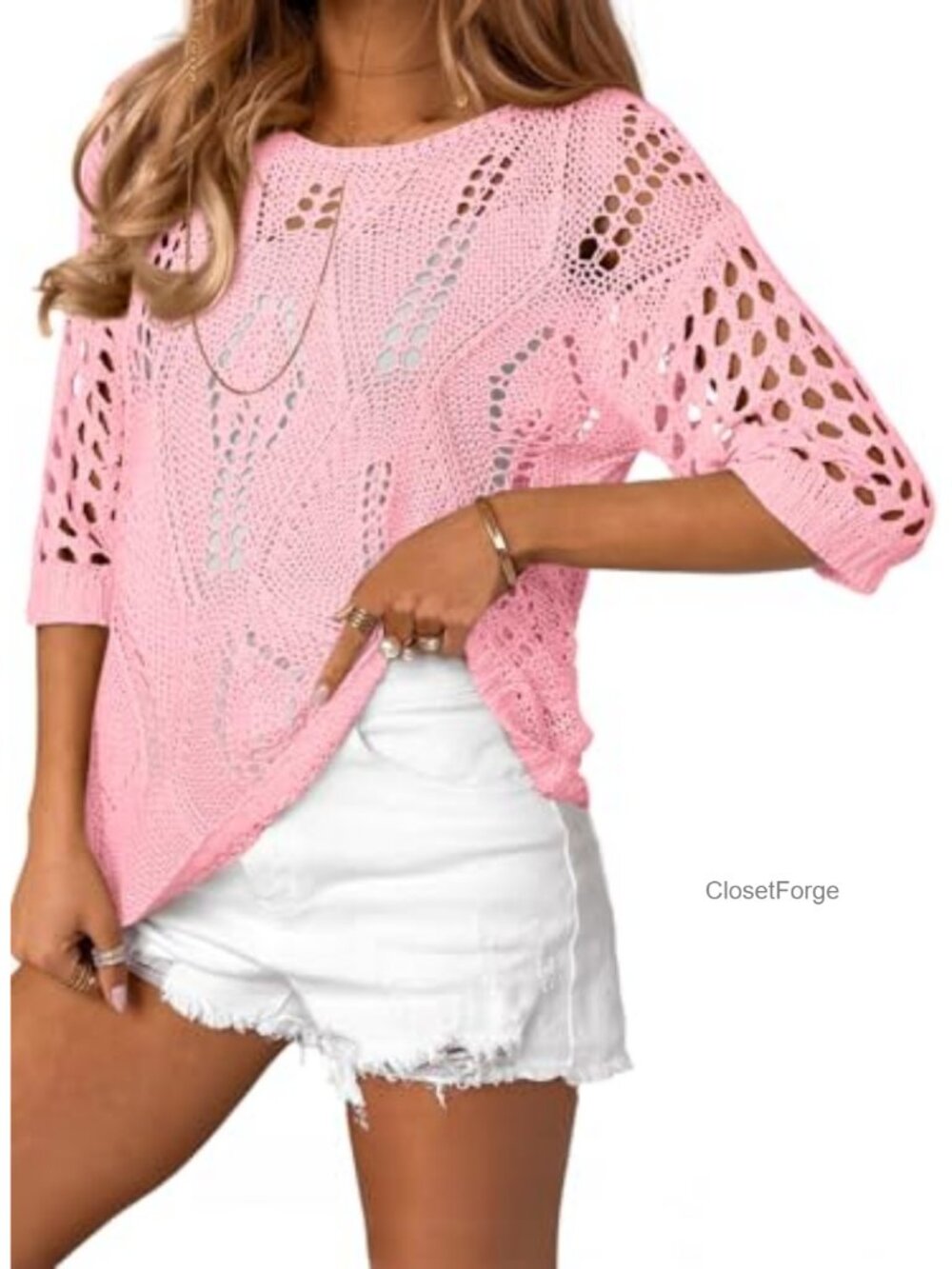 Women Crochet Knit Sweater 3/4 Sleeve Hollow Out Cover Up